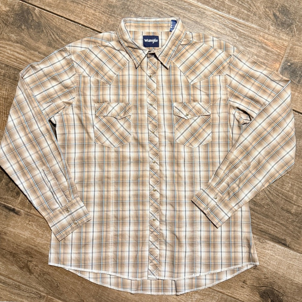 Wrangler Western VTG Mens Plaid Single Stitch Pearl Snap Shirt, Tan Blue, XXL